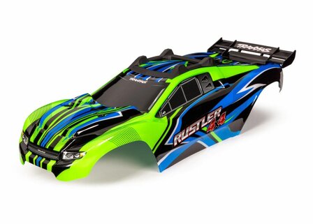 Traxxas Body, Rustler 4x4, Green &amp; Blue/ Window, Grille, Lights Decal Sheet (assembled With Front &amp; Rear Body Mounts And Rear Body Support For Clipless Mounting) - 6734G